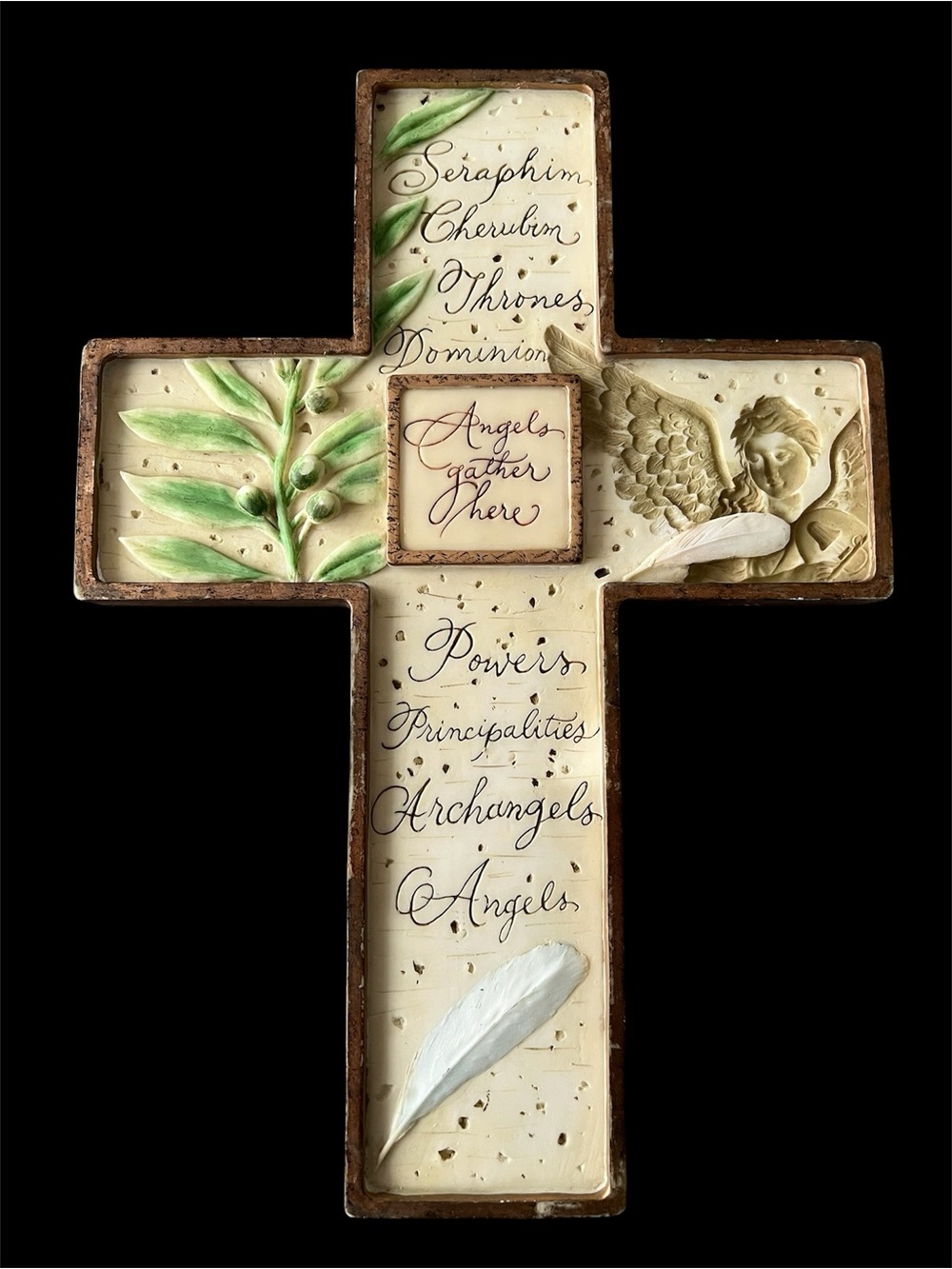 Angels Gather Here Wall Cross Decor Religious -  Cream and Green
